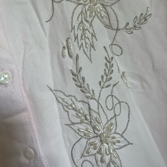 Vintage cotton pointed collar pearl embellished floral button up L - Picture 5 of 13